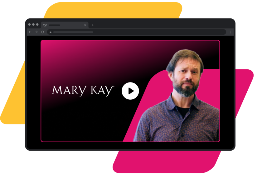 yellow and pink parallelograms with dark mode chrome browser featuring a man and the Mary Kay logo with a play button